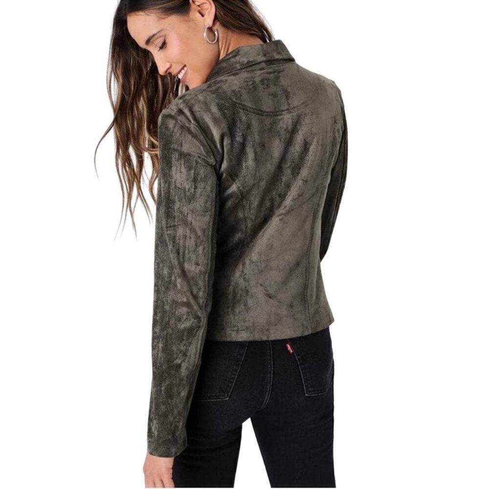 Lulu's Wild At Heart Olive Green Suede Moto Jacket Asymmetrical Zip Up Small - Picture 4 of 9